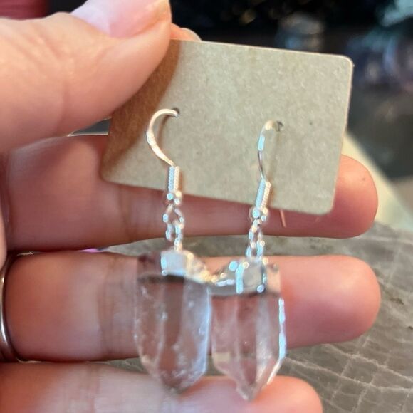 Clear Crystal Quartz Silvertone Point Earrings In Sterling Silver Hooks - Picture 4 of 11